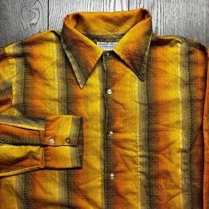 Vintage Perma Press 1970s Burnt Orange Western Cowboy Button Up Down Shirt Large